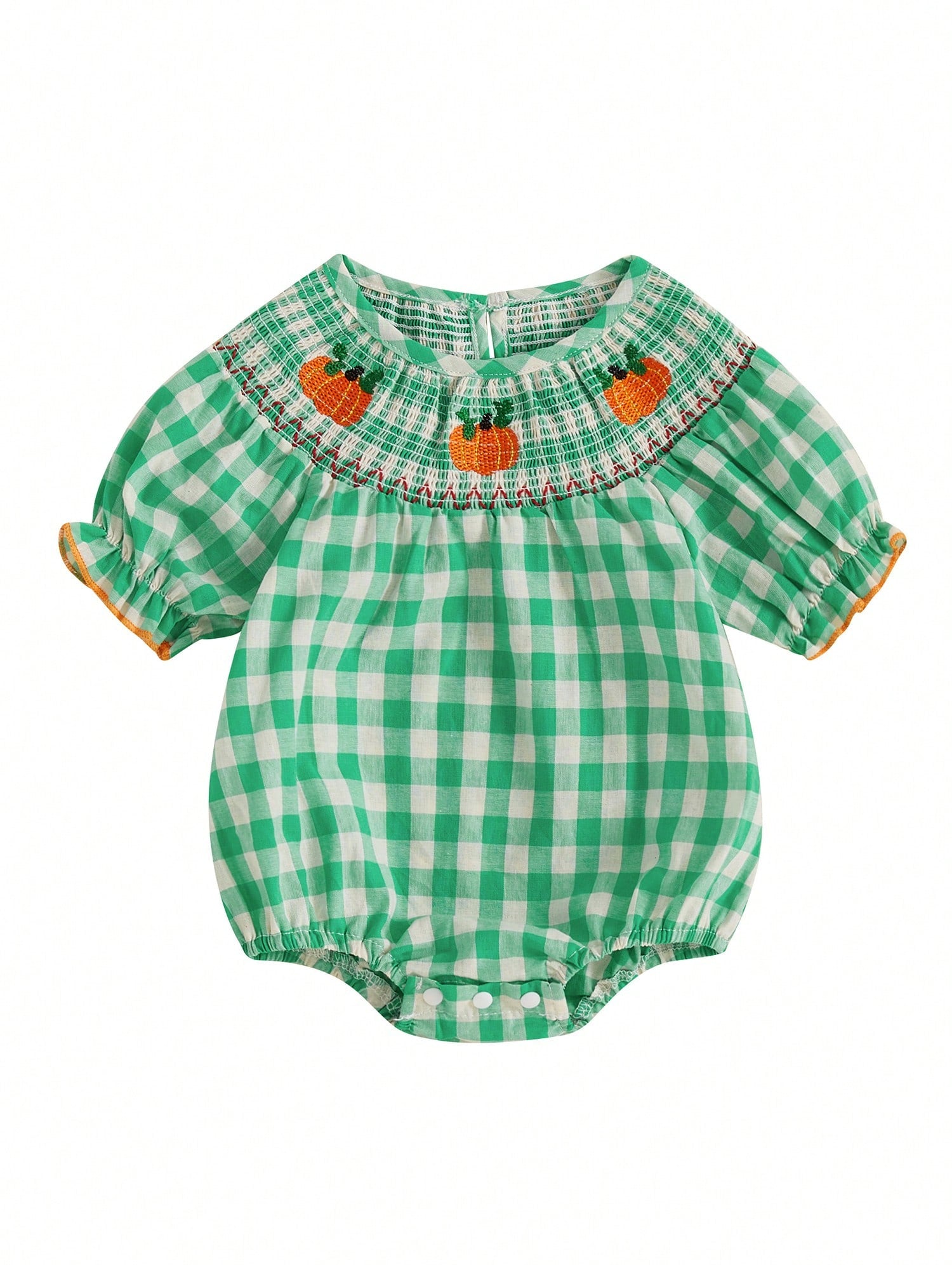 Newborn Baby Girls Halloween Outfit Fall Romper Bodysuit Pumpkin Embroidered Plaid Short Puff Sleeve Crew Neck Ruffled Jumpsuits Playsuit Toddler Infant Halloween One Piece Outfit Clothes