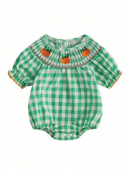 Newborn Baby Girls Halloween Outfit Fall Romper Bodysuit Pumpkin Embroidered Plaid Short Puff Sleeve Crew Neck Ruffled Jumpsuits Playsuit Toddler Infant Halloween One Piece Outfit Clothes