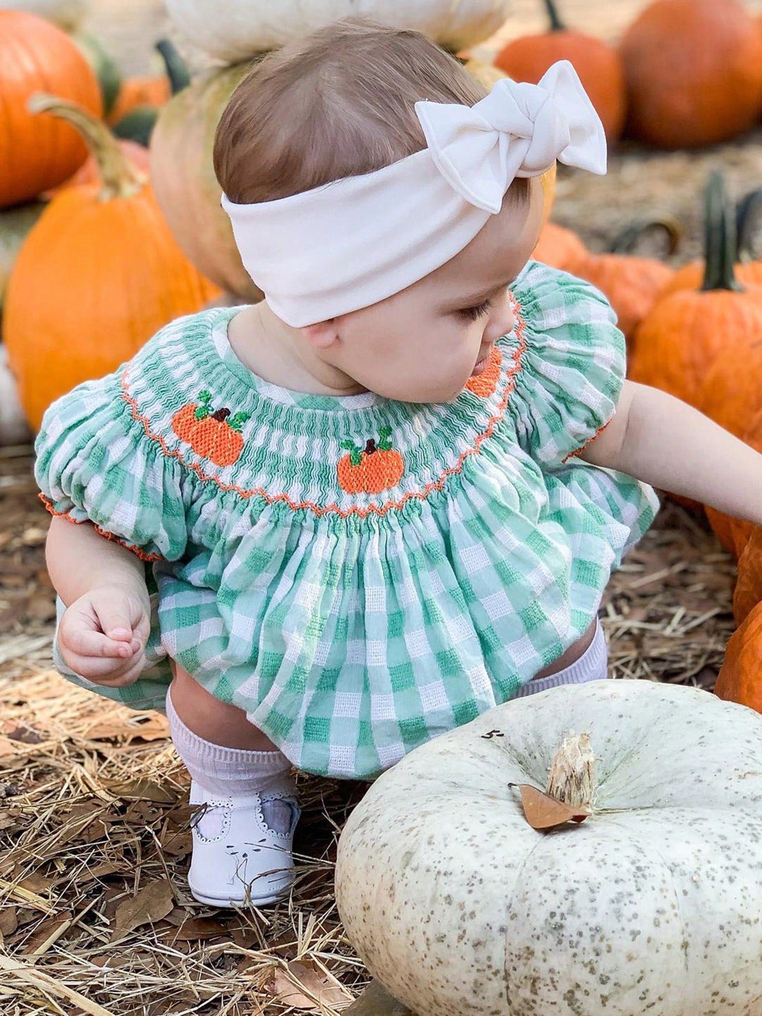 Newborn Baby Girls Halloween Outfit Fall Romper Bodysuit Pumpkin Embroidered Plaid Short Puff Sleeve Crew Neck Ruffled Jumpsuits Playsuit Toddler Infant Halloween One Piece Outfit Clothes