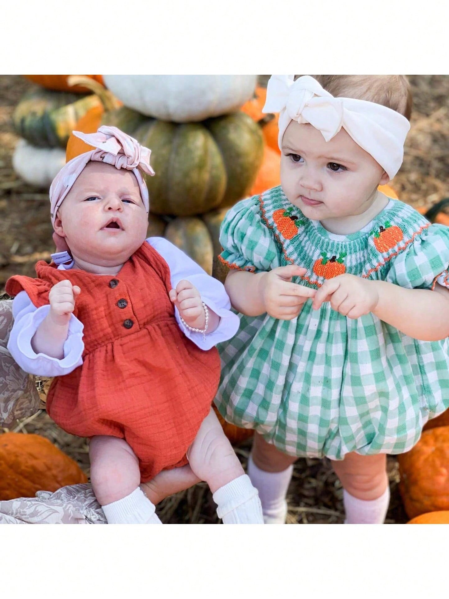 Newborn Baby Girls Halloween Outfit Fall Romper Bodysuit Pumpkin Embroidered Plaid Short Puff Sleeve Crew Neck Ruffled Jumpsuits Playsuit Toddler Infant Halloween One Piece Outfit Clothes
