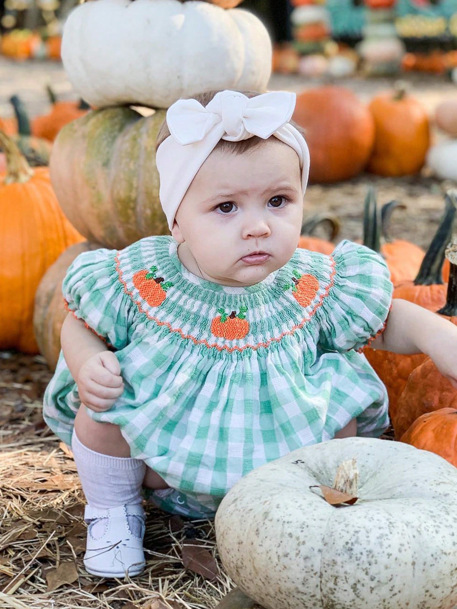 Newborn Baby Girls Halloween Outfit Fall Romper Bodysuit Pumpkin Embroidered Plaid Short Puff Sleeve Crew Neck Ruffled Jumpsuits Playsuit Toddler Infant Halloween One Piece Outfit Clothes