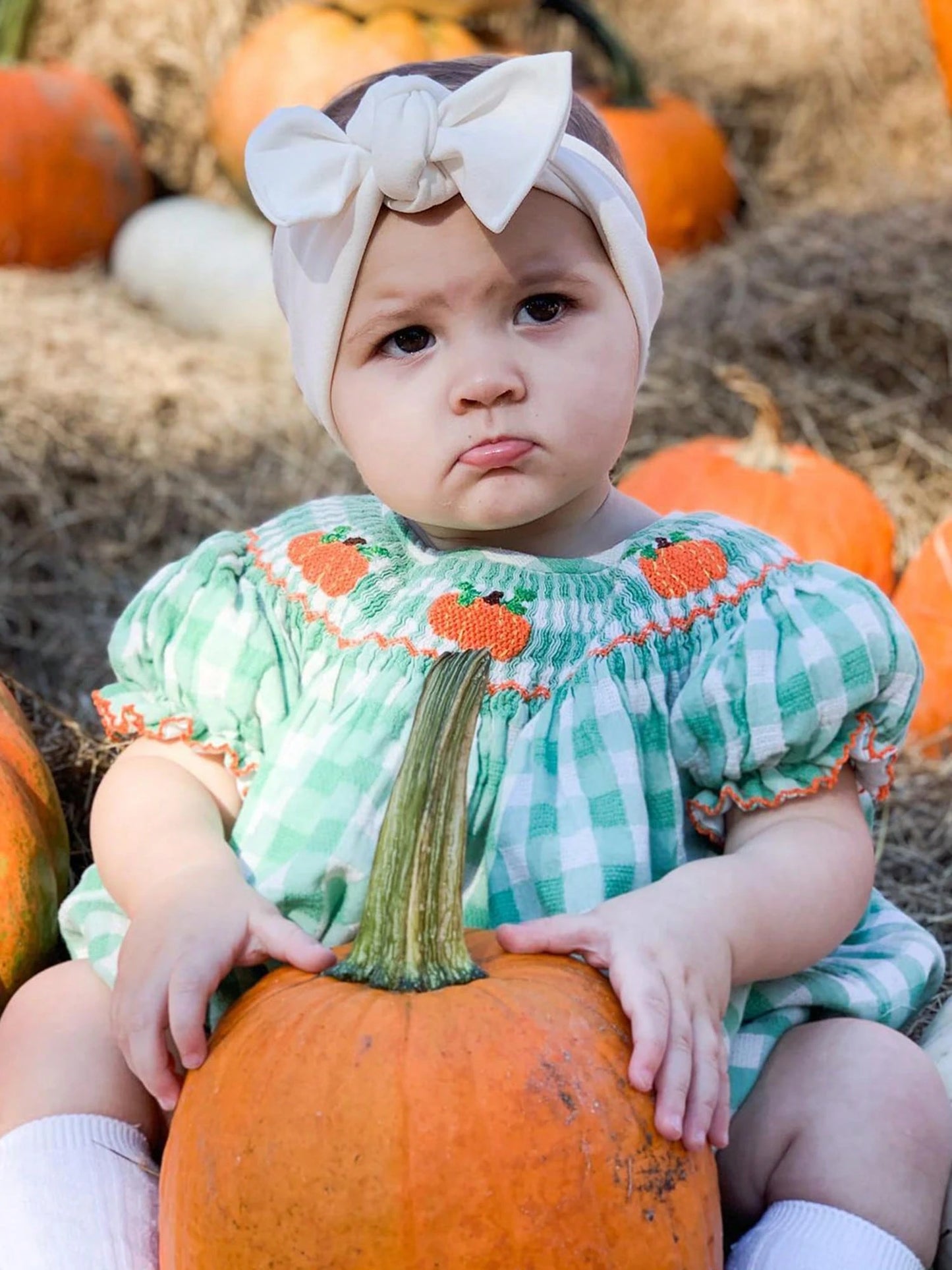 Newborn Baby Girls Halloween Outfit Fall Romper Bodysuit Pumpkin Embroidered Plaid Short Puff Sleeve Crew Neck Ruffled Jumpsuits Playsuit Toddler Infant Halloween One Piece Outfit Clothes