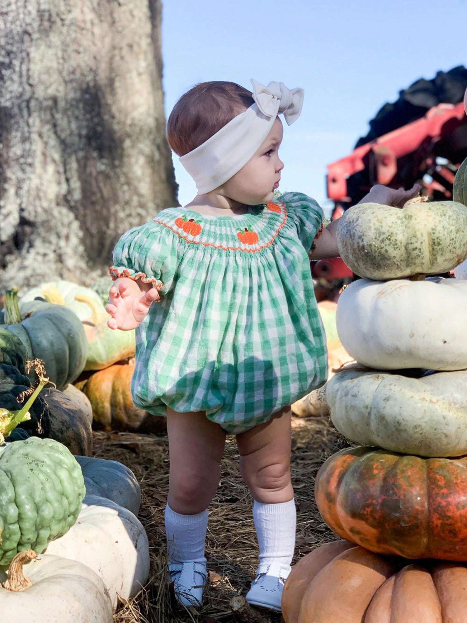 Newborn Baby Girls Halloween Outfit Fall Romper Bodysuit Pumpkin Embroidered Plaid Short Puff Sleeve Crew Neck Ruffled Jumpsuits Playsuit Toddler Infant Halloween One Piece Outfit Clothes