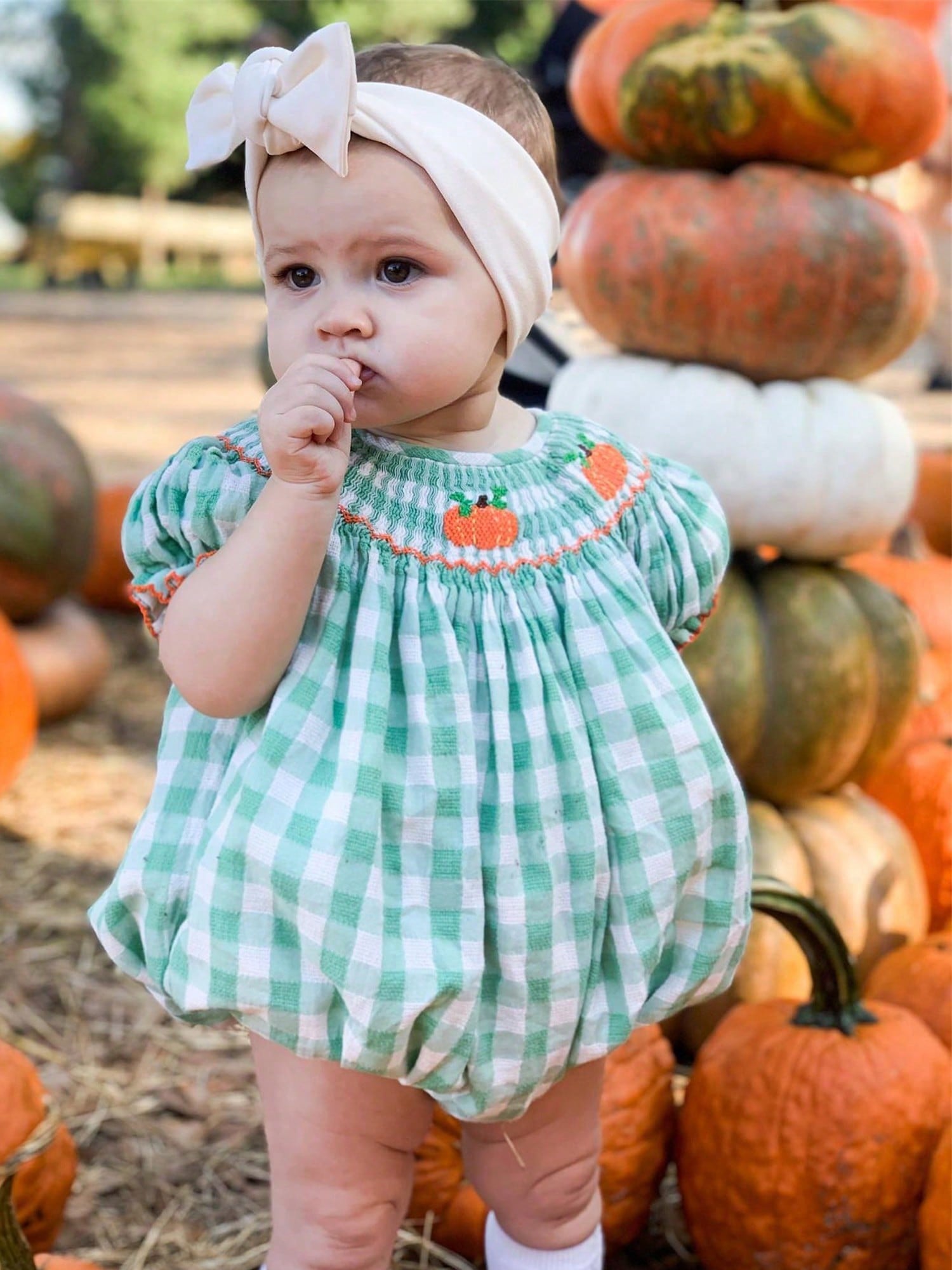 Newborn Baby Girls Halloween Outfit Fall Romper Bodysuit Pumpkin Embroidered Plaid Short Puff Sleeve Crew Neck Ruffled Jumpsuits Playsuit Toddler Infant Halloween One Piece Outfit Clothes