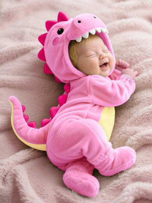 Newborn Cute Funny Crystal Plush 3D Dinosaur Shaped Romper Light Pink Autumn Kawaii Sibling Matching Baby Girl Long Sleeve Outfit 3 Month Old Clothes