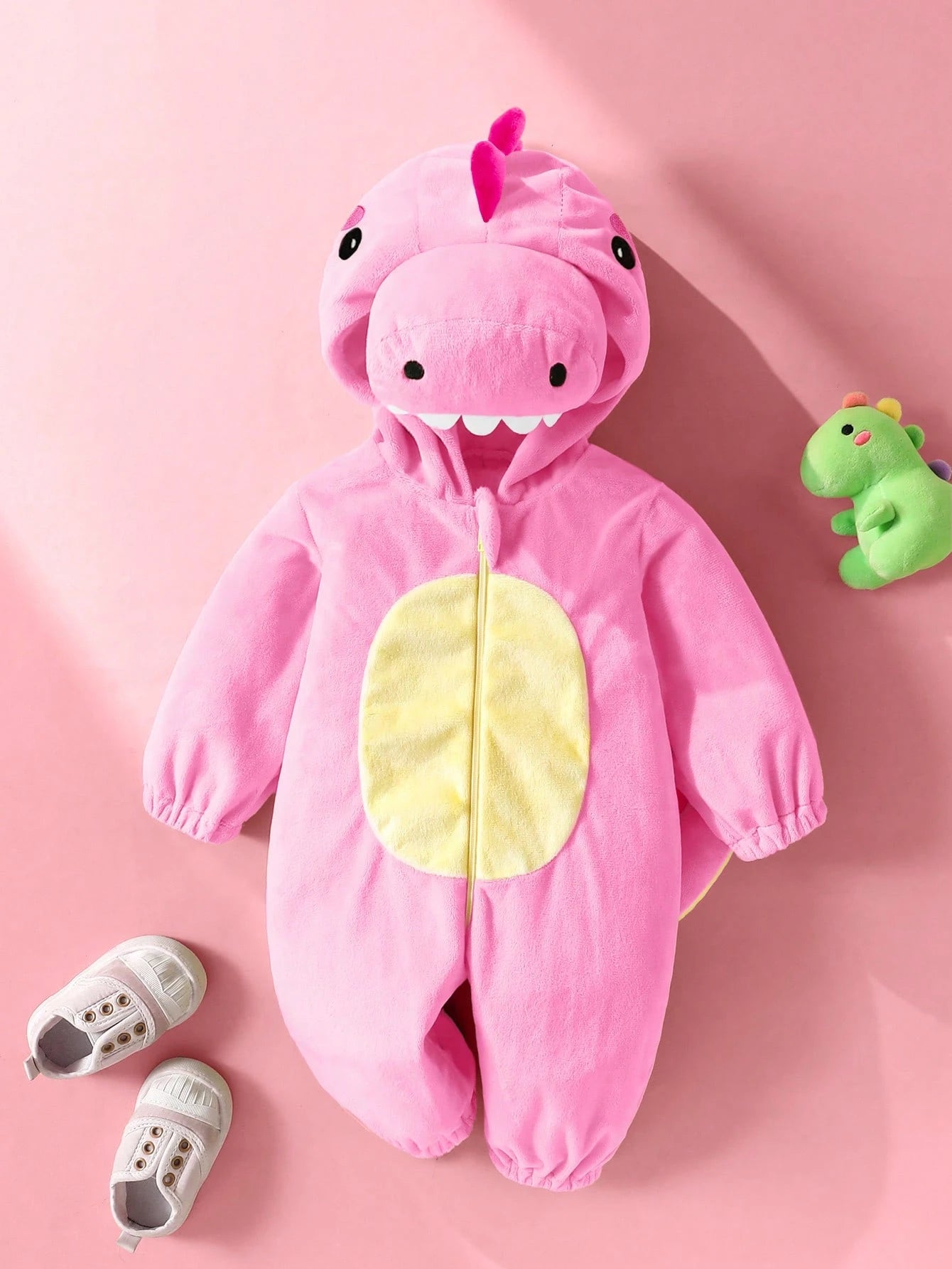 Newborn Cute Funny Crystal Plush 3D Dinosaur Shaped Romper Light Pink Autumn Kawaii Sibling Matching Baby Girl Long Sleeve Outfit 3 Month Old Clothes