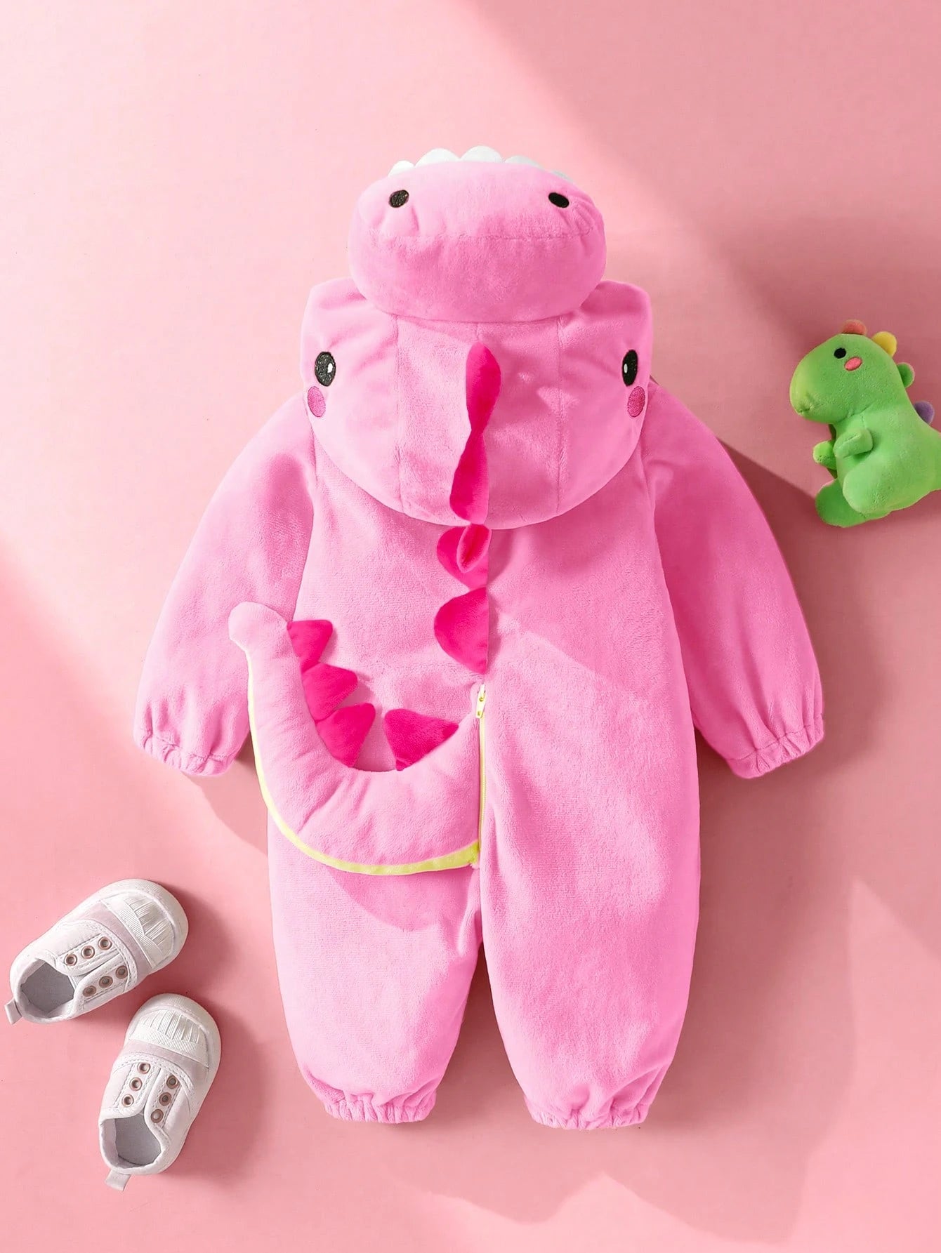 Newborn Cute Funny Crystal Plush 3D Dinosaur Shaped Romper Light Pink Autumn Kawaii Sibling Matching Baby Girl Long Sleeve Outfit 3 Month Old Clothes