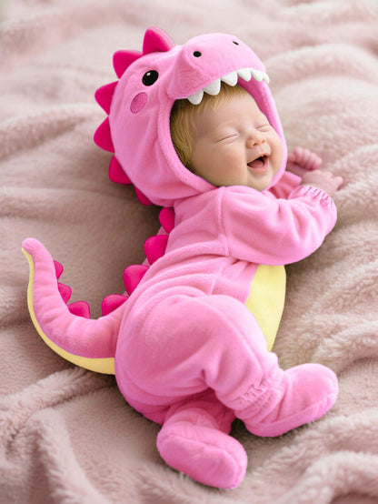Newborn Cute Funny Crystal Plush 3D Dinosaur Shaped Romper Light Pink Autumn Kawaii Sibling Matching Baby Girl Long Sleeve Outfit 3 Month Old Clothes