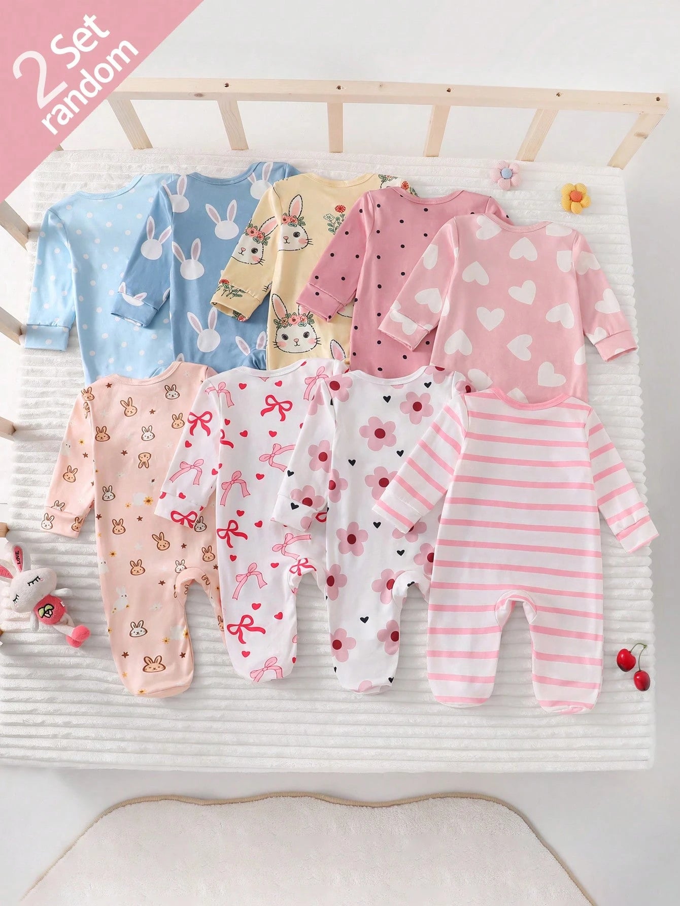 Newborn Footie Pajamas Long Sleeve Side Snap Jumpsuit Rabbit Heart Bow Polka Dot Stripe Floral Cartoon Print Autumn Night Baby Pink Blue Baby Funny