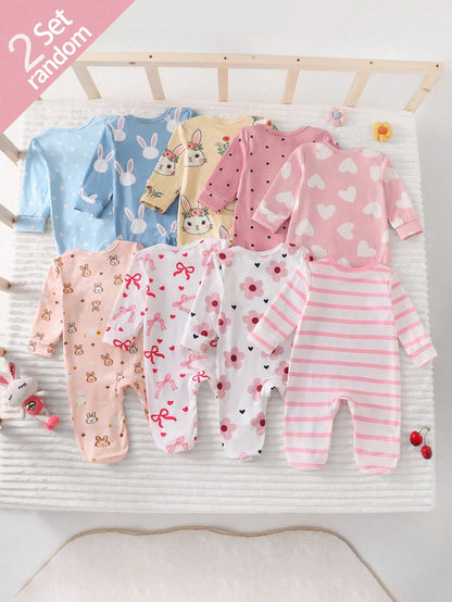 Newborn Footie Pajamas Long Sleeve Side Snap Jumpsuit Rabbit Heart Bow Polka Dot Stripe Floral Cartoon Print Autumn Night Baby Pink Blue Baby Funny
