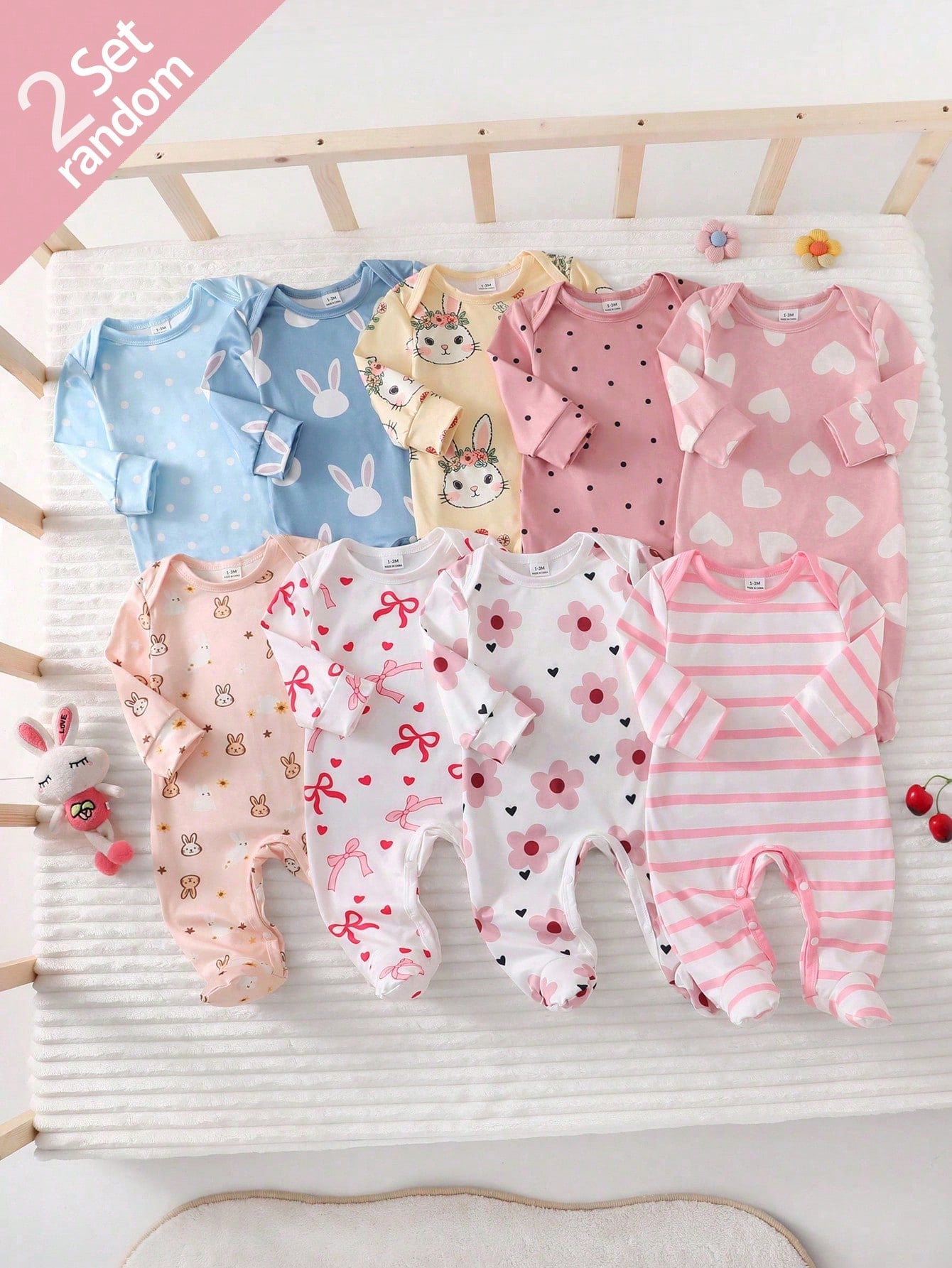 Newborn Footie Pajamas Long Sleeve Side Snap Jumpsuit Rabbit Heart Bow Polka Dot Stripe Floral Cartoon Print Autumn Night Baby Pink Blue Baby Funny