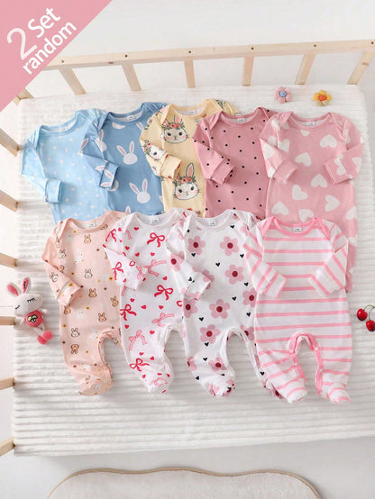Newborn Footie Pajamas Long Sleeve Side Snap Jumpsuit Rabbit Heart Bow Polka Dot Stripe Floral Cartoon Print Autumn Night Baby Pink Blue Baby Funny