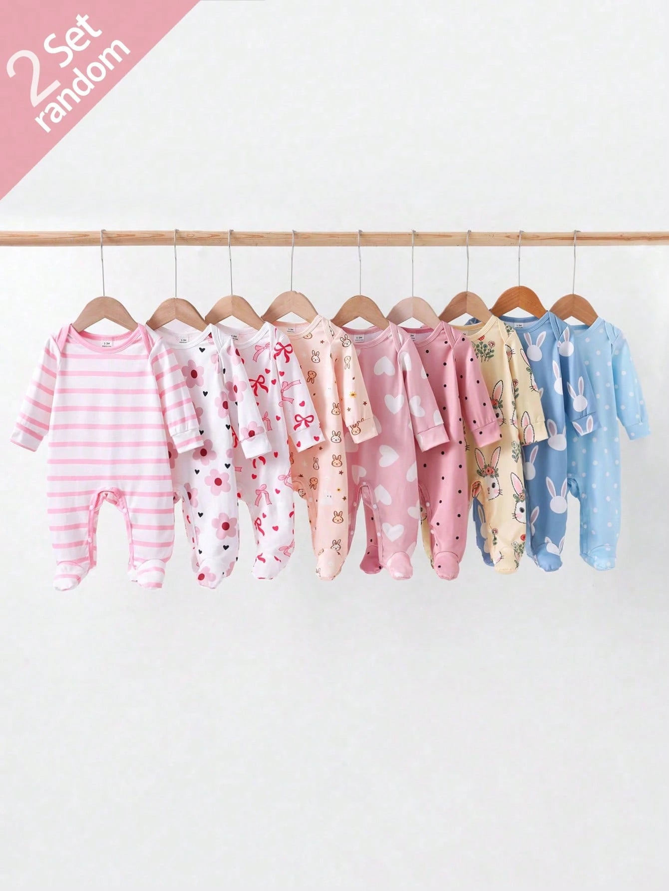 Newborn Footie Pajamas Long Sleeve Side Snap Jumpsuit Rabbit Heart Bow Polka Dot Stripe Floral Cartoon Print Autumn Night Baby Pink Blue Baby Funny