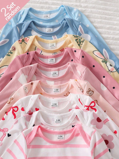 Newborn Footie Pajamas Long Sleeve Side Snap Jumpsuit Rabbit Heart Bow Polka Dot Stripe Floral Cartoon Print Autumn Night Baby Pink Blue Baby Funny