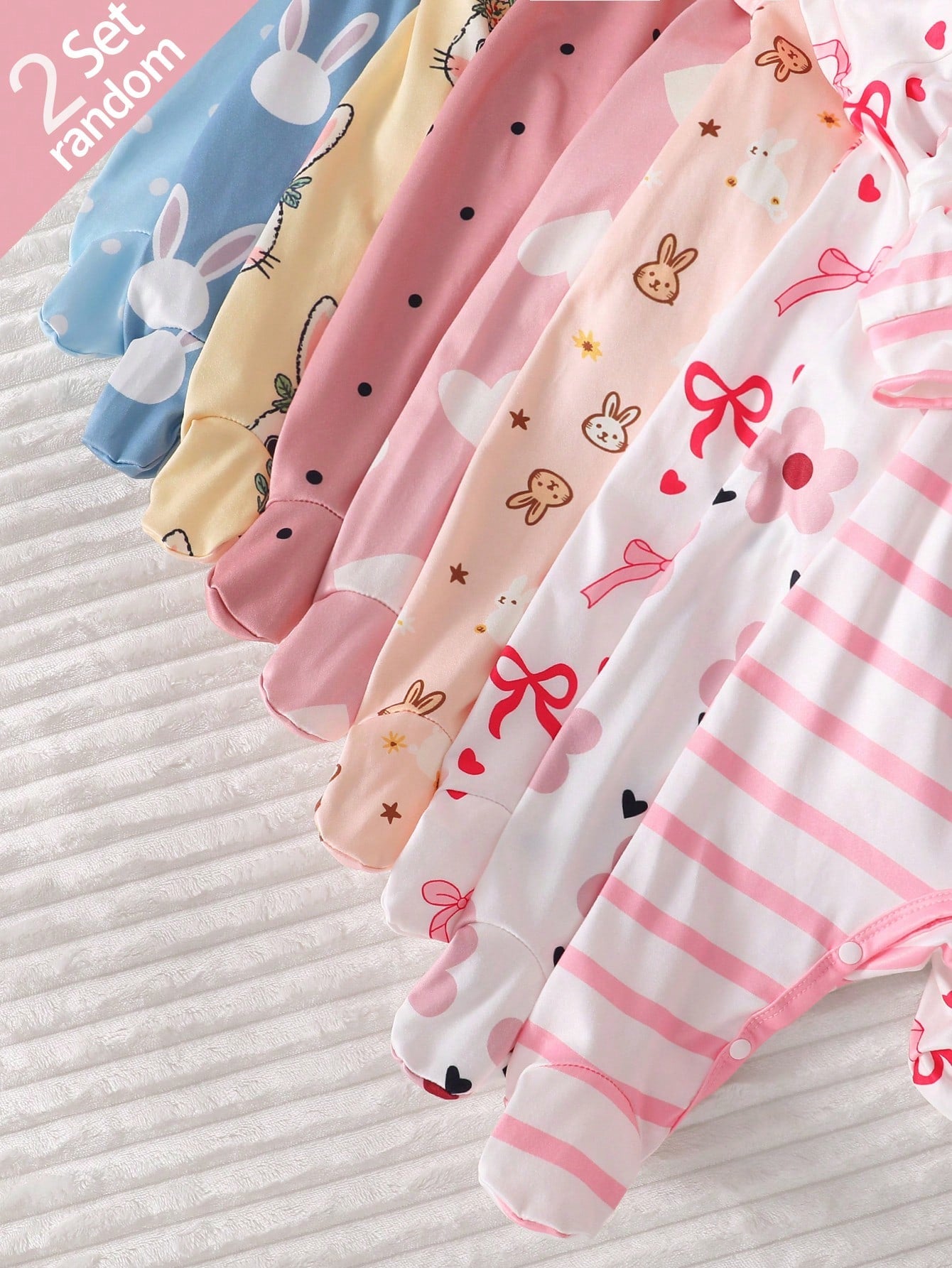 Newborn Footie Pajamas Long Sleeve Side Snap Jumpsuit Rabbit Heart Bow Polka Dot Stripe Floral Cartoon Print Autumn Night Baby Pink Blue Baby Funny
