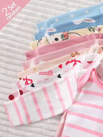 Newborn Footie Pajamas Long Sleeve Side Snap Jumpsuit Rabbit Heart Bow Polka Dot Stripe Floral Cartoon Print Autumn Night Baby Pink Blue Baby Funny