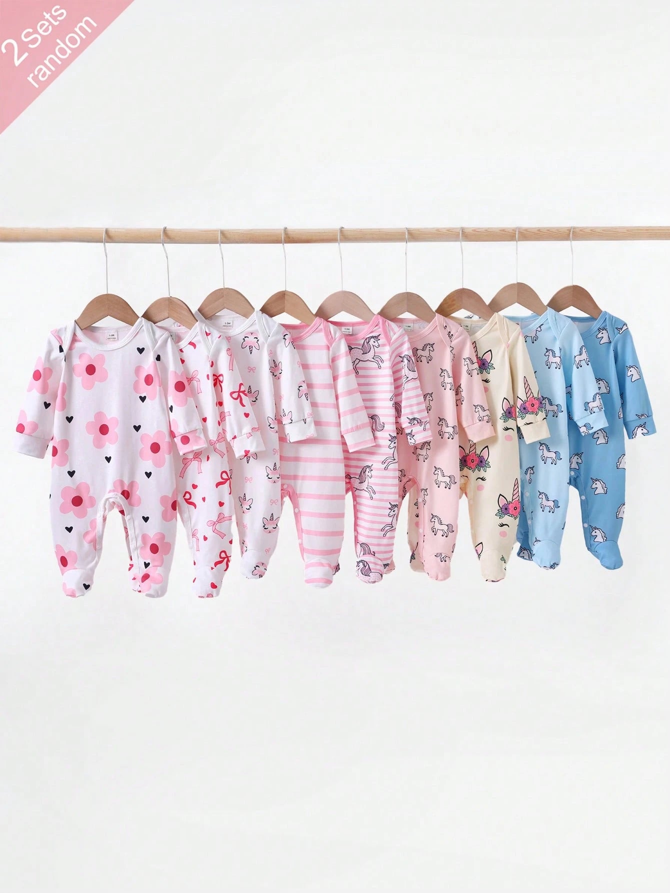 Newborn Footie Pajamas Long Sleeve Side Snap Jumpsuit Rabbit Heart Bow Polka Dot Stripe Floral Cartoon Print Autumn Night Baby Pink Blue Baby Funny