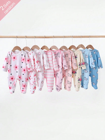 Newborn Footie Pajamas Long Sleeve Side Snap Jumpsuit Rabbit Heart Bow Polka Dot Stripe Floral Cartoon Print Autumn Night Baby Pink Blue Baby Funny