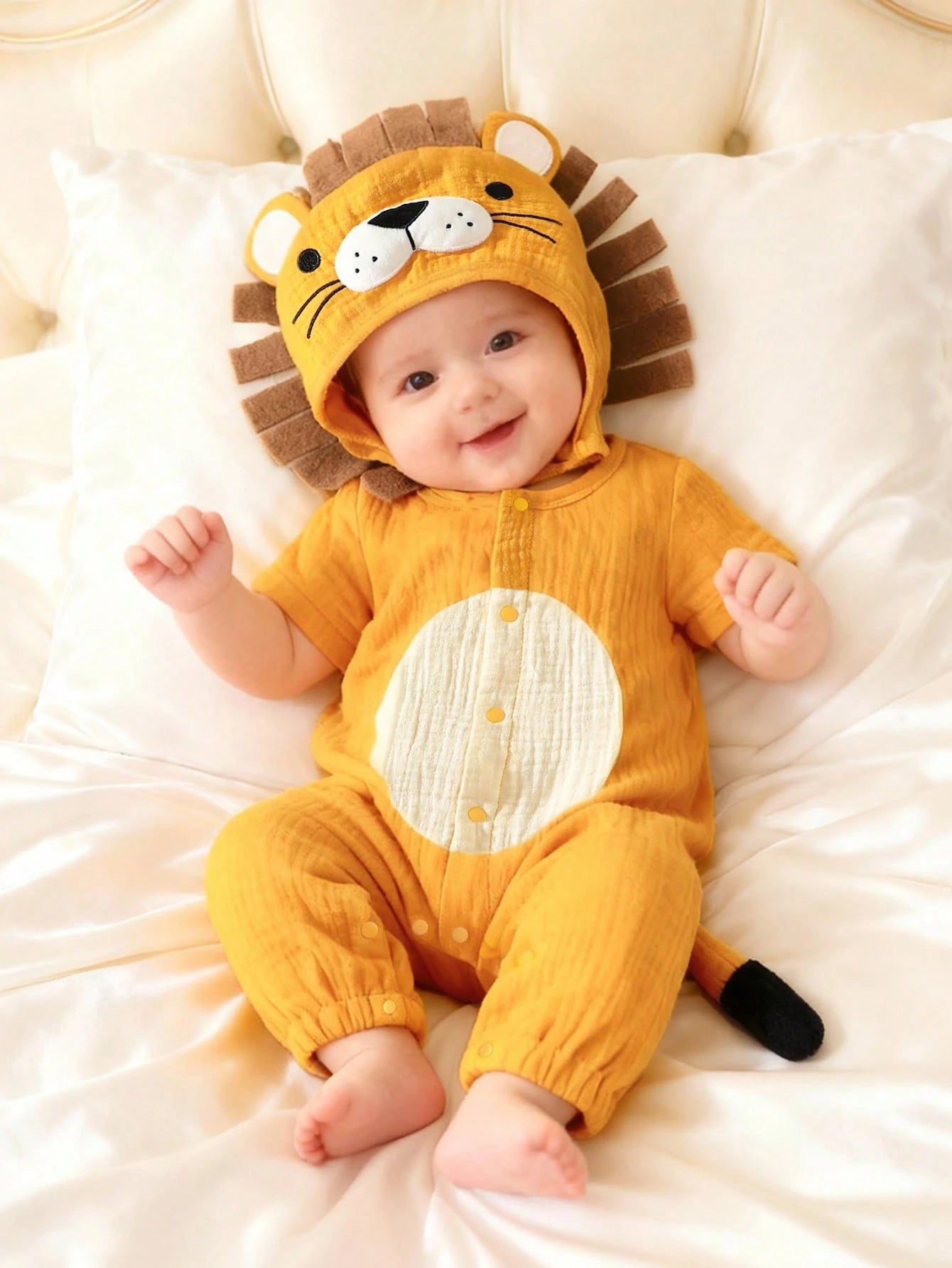 Newborn Lion Shaped Outfit Set, Short Sleeve Romper With Pants And Matching Hat