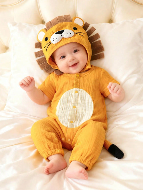 Newborn Lion Shaped Outfit Set, Short Sleeve Romper With Pants And Matching Hat