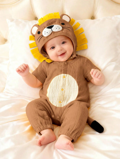 Newborn Lion Shaped Outfit Set, Short Sleeve Romper With Pants And Matching Hat