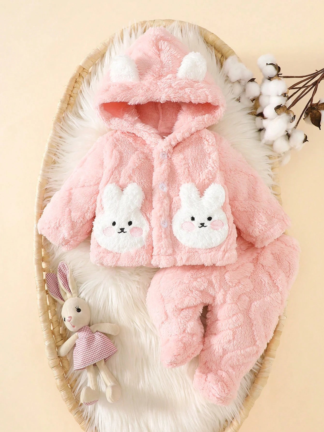 Newborn Plush Rabbit Ear Hooded Cute Multi-Piece Suit, Winter Pink Fall