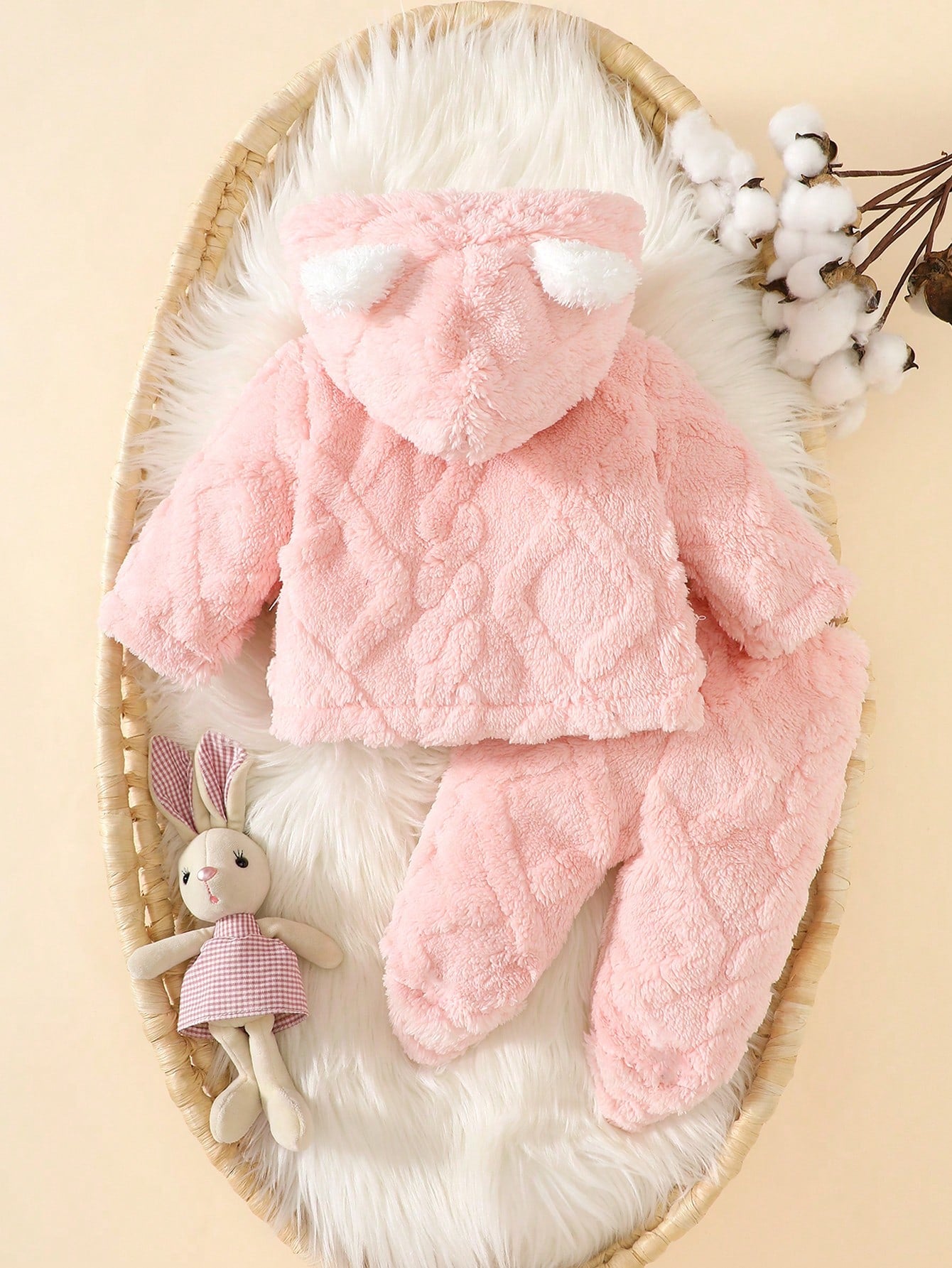 Newborn Plush Rabbit Ear Hooded Cute Multi-Piece Suit, Winter Pink Fall