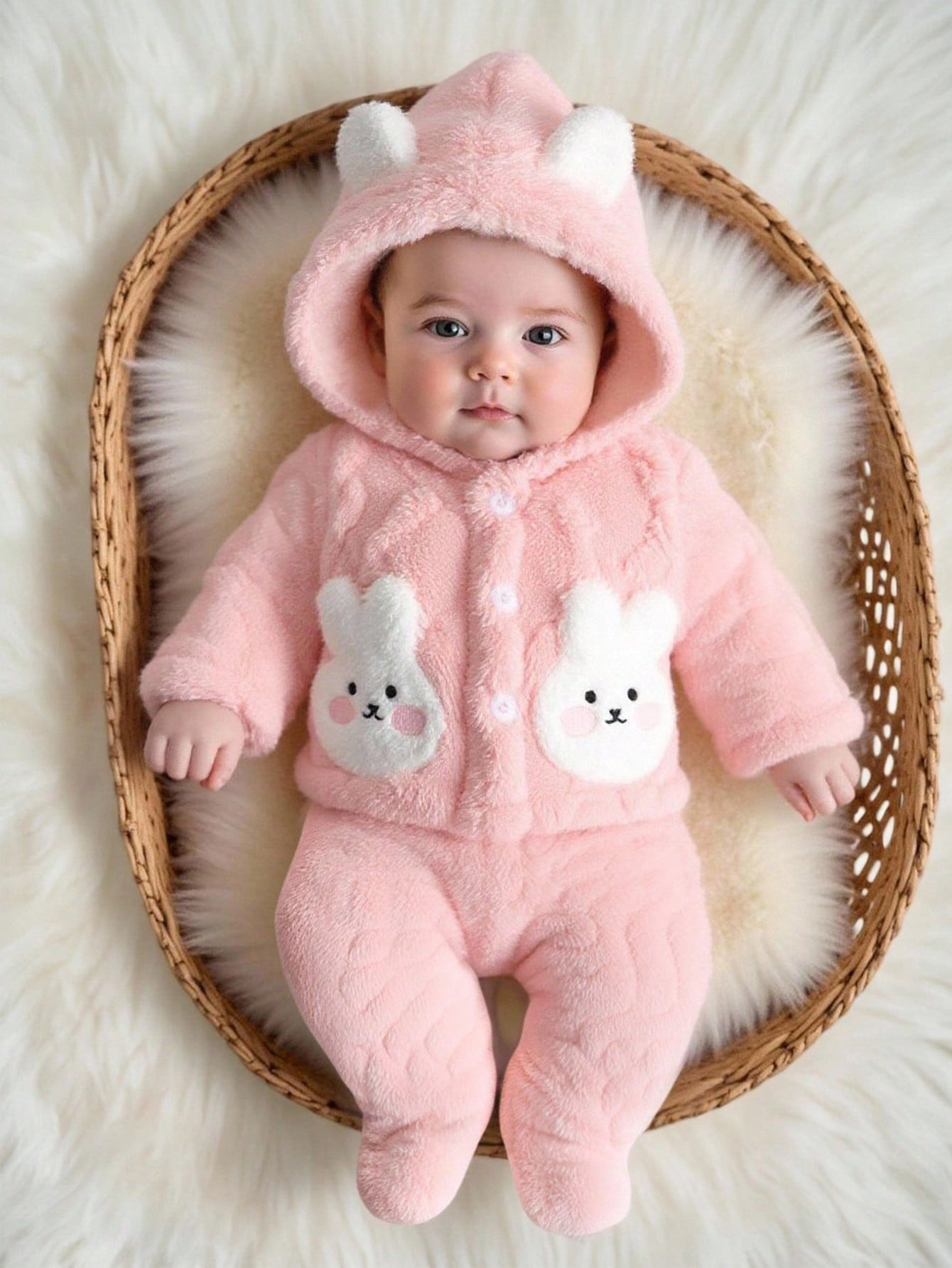 Newborn Plush Rabbit Ear Hooded Cute Multi-Piece Suit, Winter Pink Fall