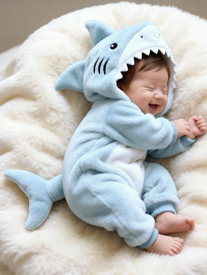 Newborn Shark Shaped Outfit, Cute Plush Shark Shaped 3D Hat, Embroidered Shark Face, Long Sleeve Jumpsuit For Baby