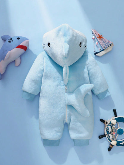 Newborn Shark Shaped Outfit, Cute Plush Shark Shaped 3D Hat, Embroidered Shark Face, Long Sleeve Jumpsuit For Baby
