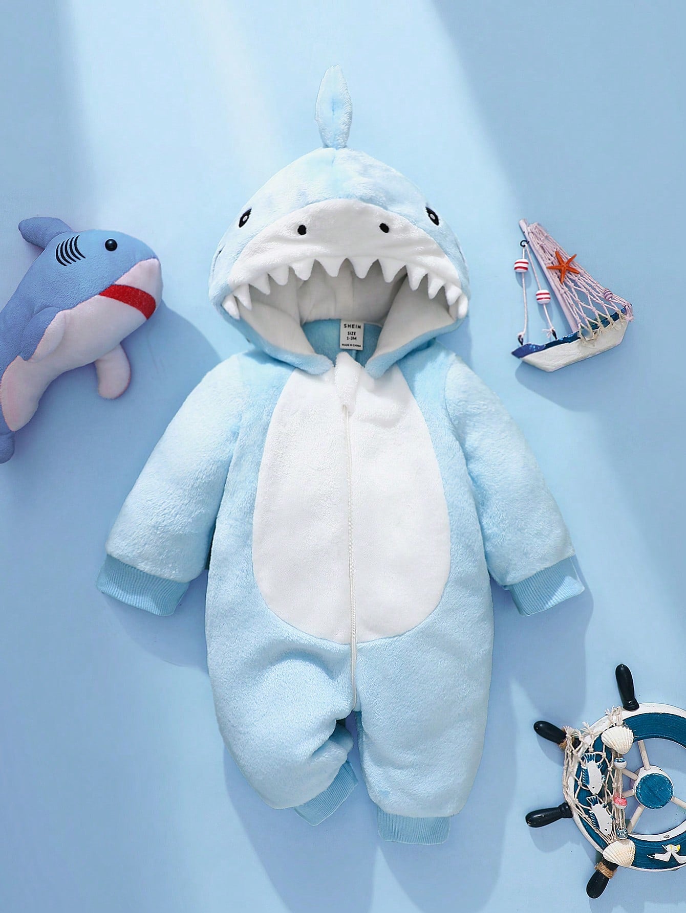 Newborn Shark Shaped Outfit, Cute Plush Shark Shaped 3D Hat, Embroidered Shark Face, Long Sleeve Jumpsuit For Baby