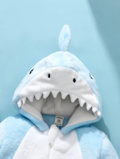 Newborn Shark Shaped Outfit, Cute Plush Shark Shaped 3D Hat, Embroidered Shark Face, Long Sleeve Jumpsuit For Baby