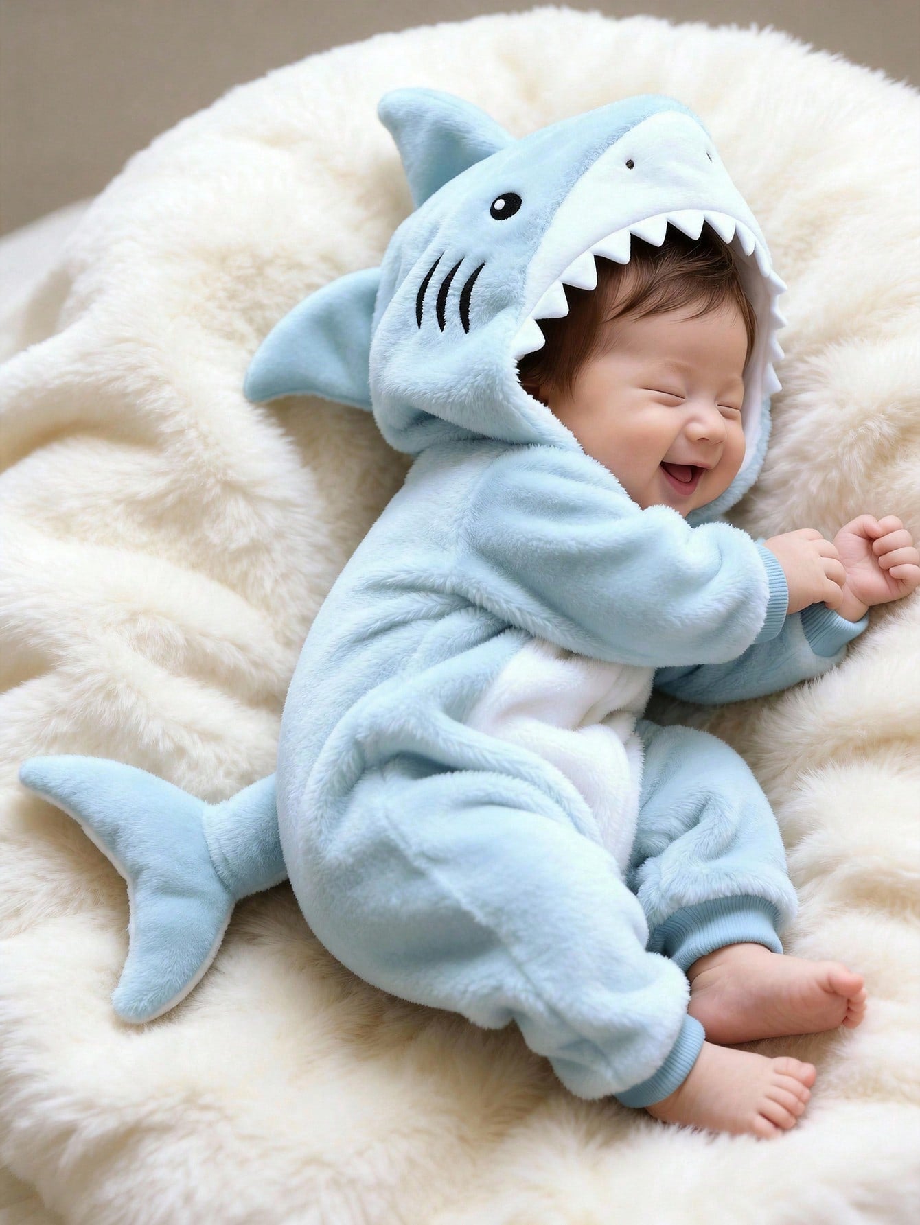 Newborn Shark Shaped Outfit, Cute Plush Shark Shaped 3D Hat, Embroidered Shark Face, Long Sleeve Jumpsuit For Baby