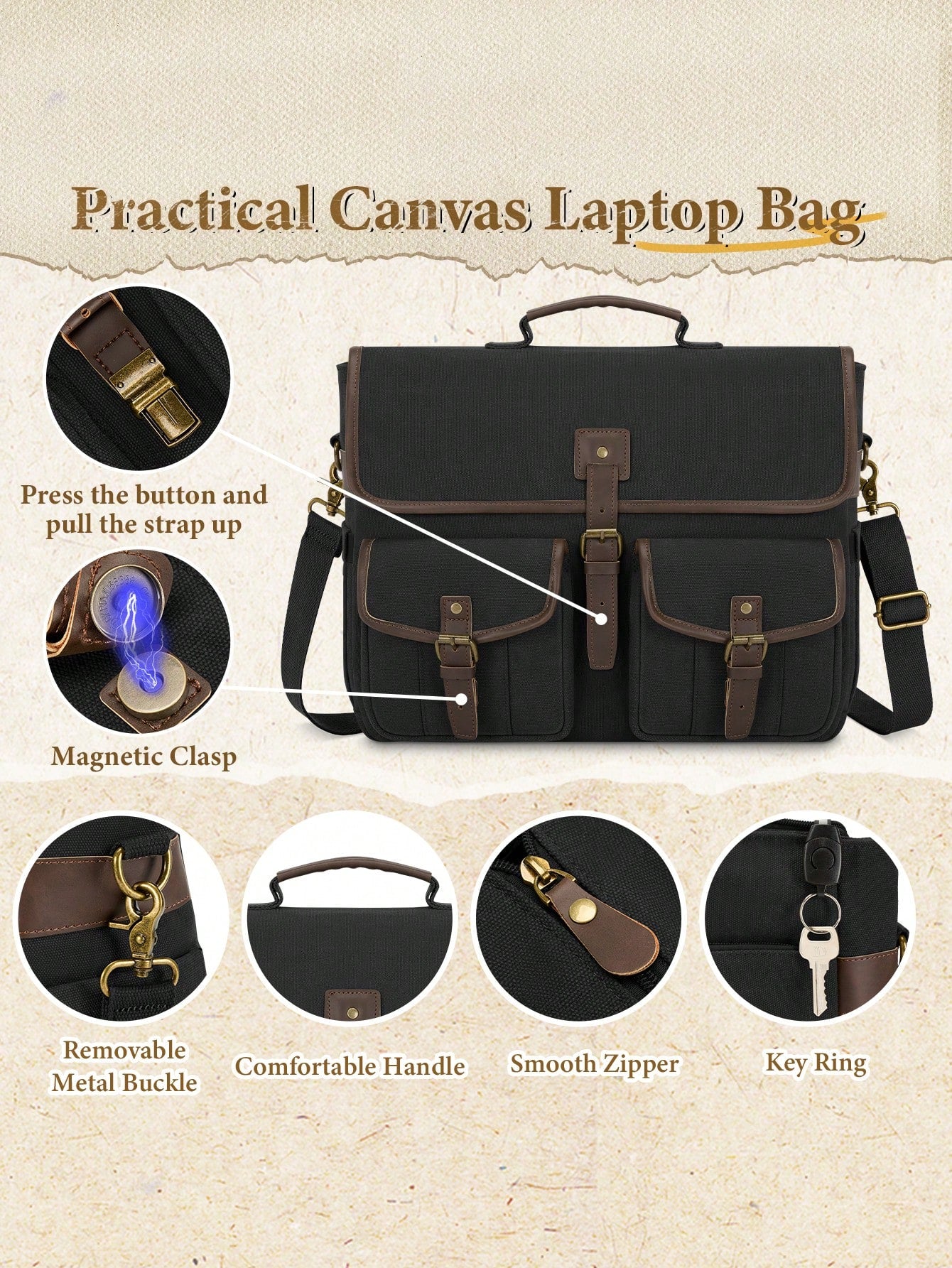 NEWHEY 17.3 Inch Canvas Shoulder Laptop Bag For Men, Waterproof Retro Crossbody Bag, Large Capacity Handheld Briefcase Messenger Bag