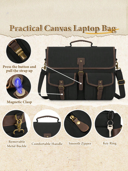 NEWHEY 17.3 Inch Canvas Shoulder Laptop Bag For Men, Waterproof Retro Crossbody Bag, Large Capacity Handheld Briefcase Messenger Bag