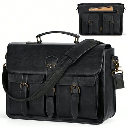 NEWHEY Mens Messenger Bag 15.6 Inch Vintage PU Laptop Briefcase Large Laptop Bag Waterproof Satchel Bag Computer Shoulder Bag For Office Work Travel College