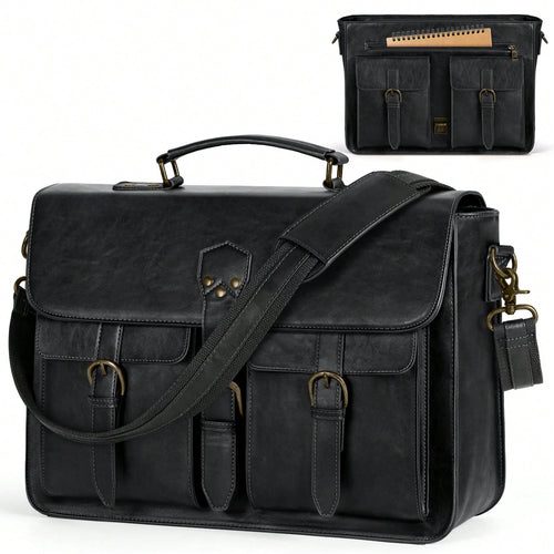 NEWHEY Mens Messenger Bag 15.6 Inch Vintage PU Laptop Briefcase Large Laptop Bag Waterproof Satchel Bag Computer Shoulder Bag For Office Work Travel College