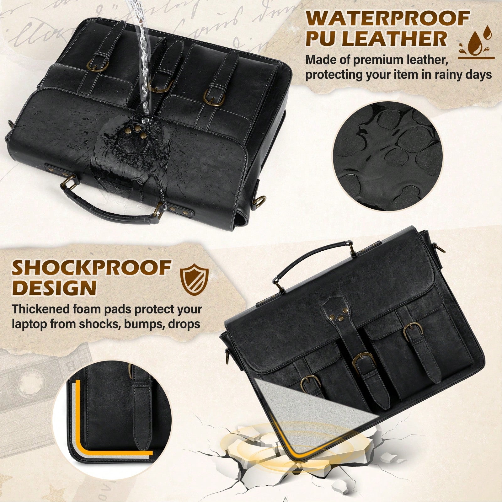 NEWHEY Mens Messenger Bag 15.6 Inch Vintage PU Laptop Briefcase Large Laptop Bag Waterproof Satchel Bag Computer Shoulder Bag For Office Work Travel College