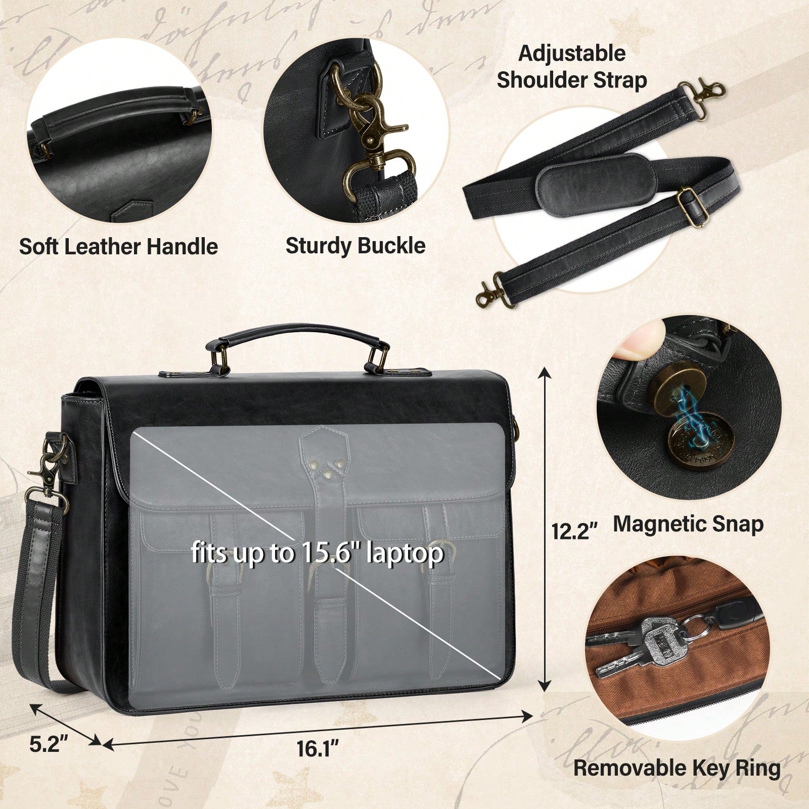 NEWHEY Mens Messenger Bag 15.6 Inch Vintage PU Laptop Briefcase Large Laptop Bag Waterproof Satchel Bag Computer Shoulder Bag For Office Work Travel College