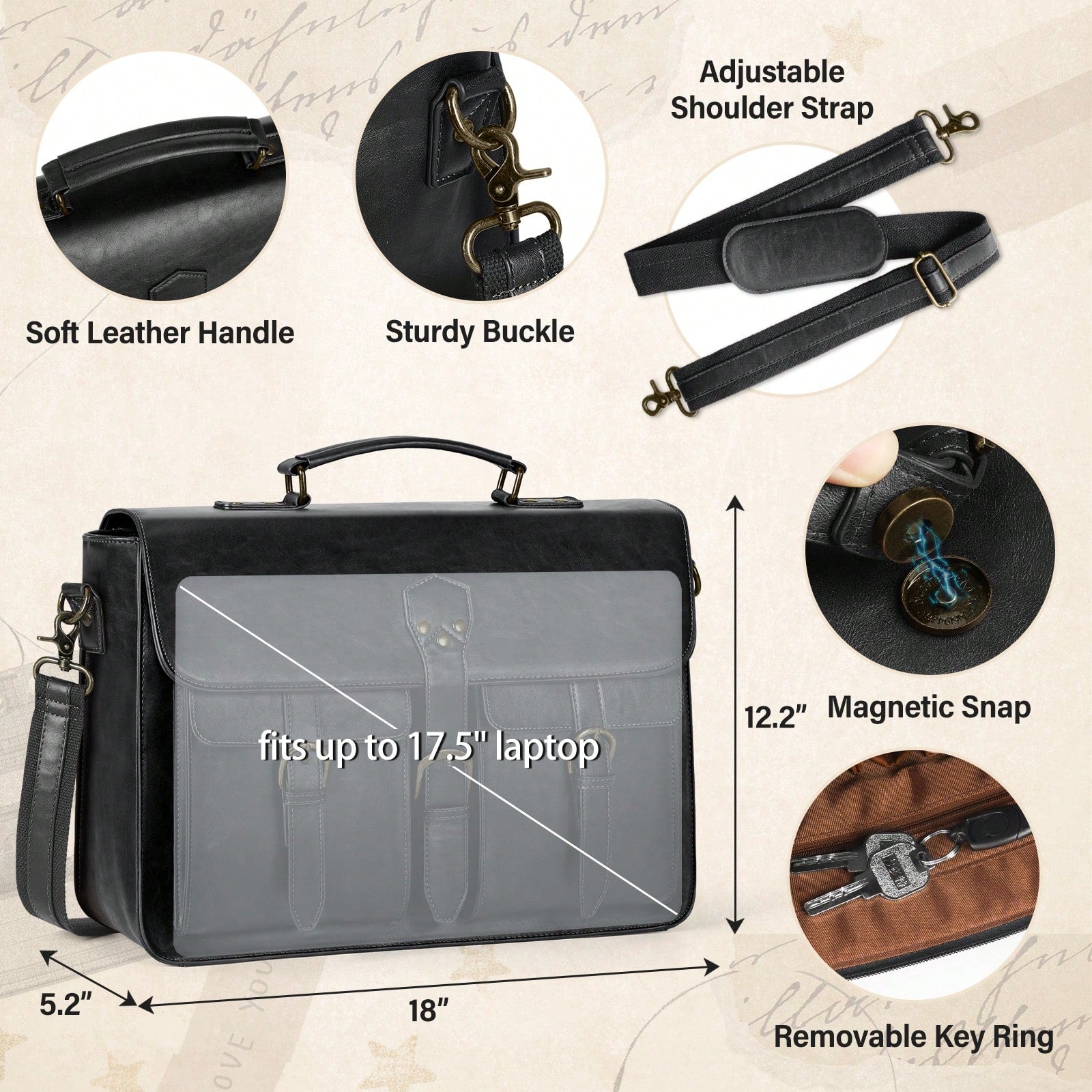 NEWHEY Mens Messenger Bag 15.6 Inch Vintage PU Laptop Briefcase Large Laptop Bag Waterproof Satchel Bag Computer Shoulder Bag For Office Work Travel College