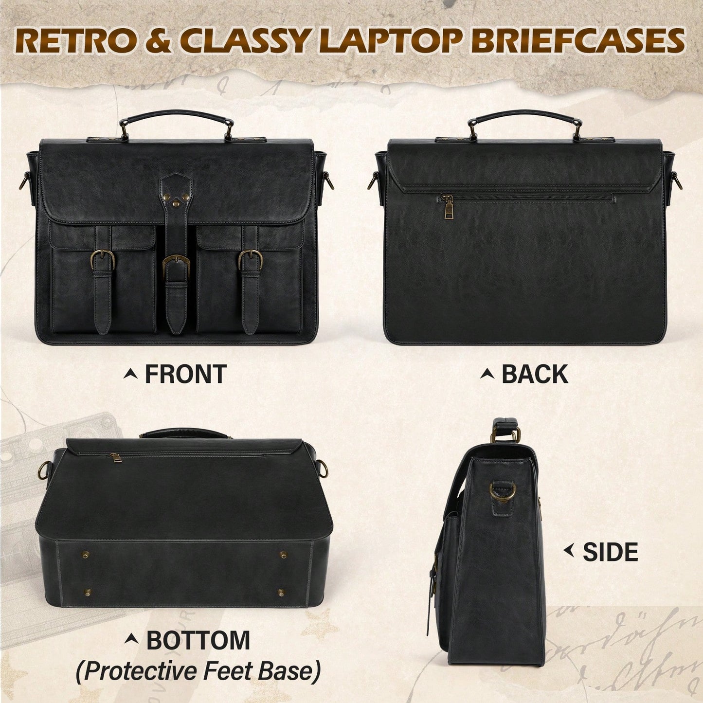 NEWHEY Mens Messenger Bag 15.6 Inch Vintage PU Laptop Briefcase Large Laptop Bag Waterproof Satchel Bag Computer Shoulder Bag For Office Work Travel College
