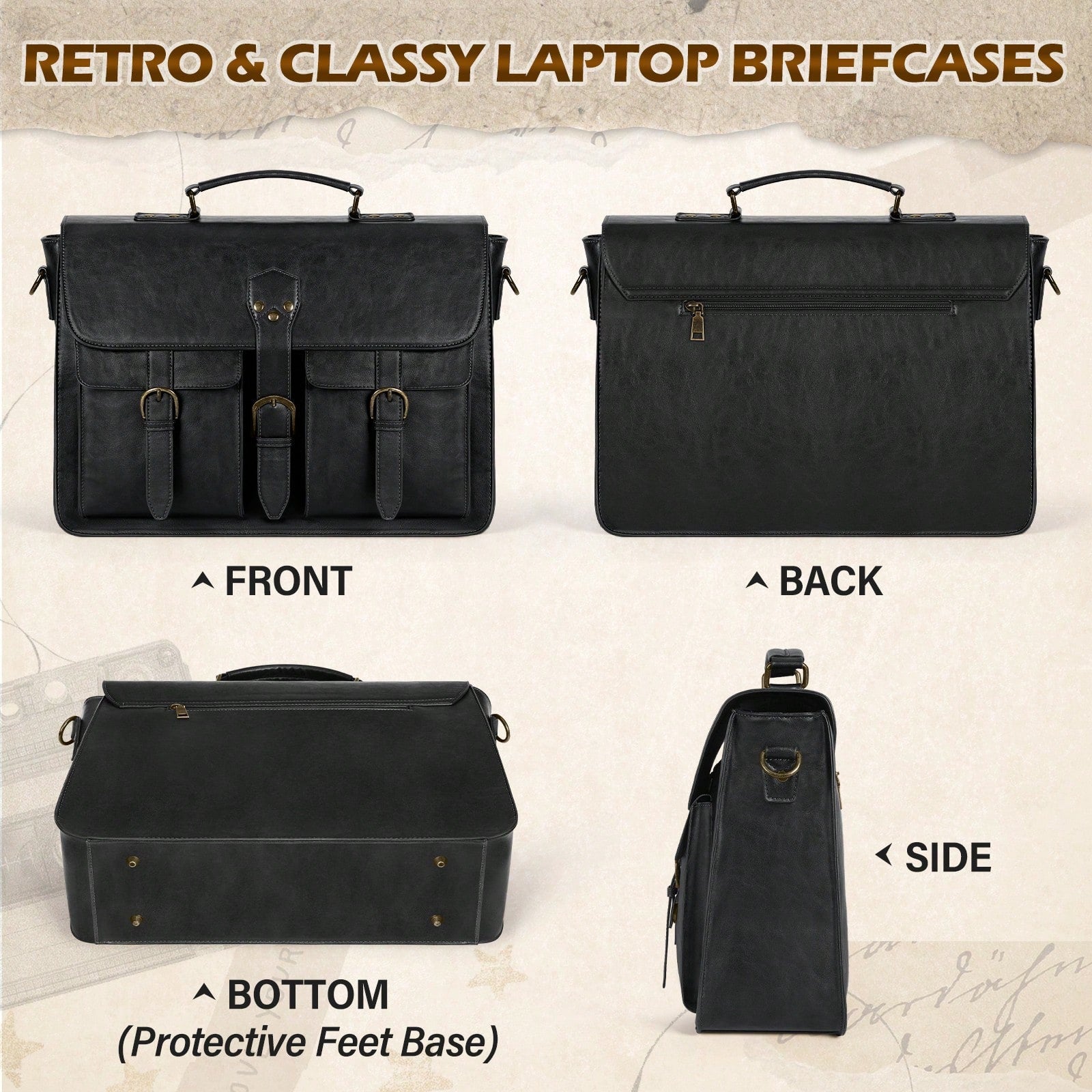 NEWHEY Mens Messenger Bag 15.6 Inch Vintage PU Laptop Briefcase Large Laptop Bag Waterproof Satchel Bag Computer Shoulder Bag For Office Work Travel College