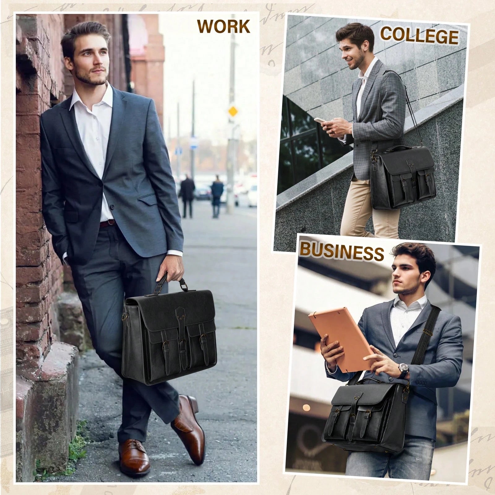 NEWHEY Mens Messenger Bag 15.6 Inch Vintage PU Laptop Briefcase Large Laptop Bag Waterproof Satchel Bag Computer Shoulder Bag For Office Work Travel College