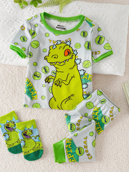 Nick 90s| Baby Boy Cartoon Dinosaur Print Trim Round Neck Short Sleeve T-Shirt And Shorts Pajama Set, Summer