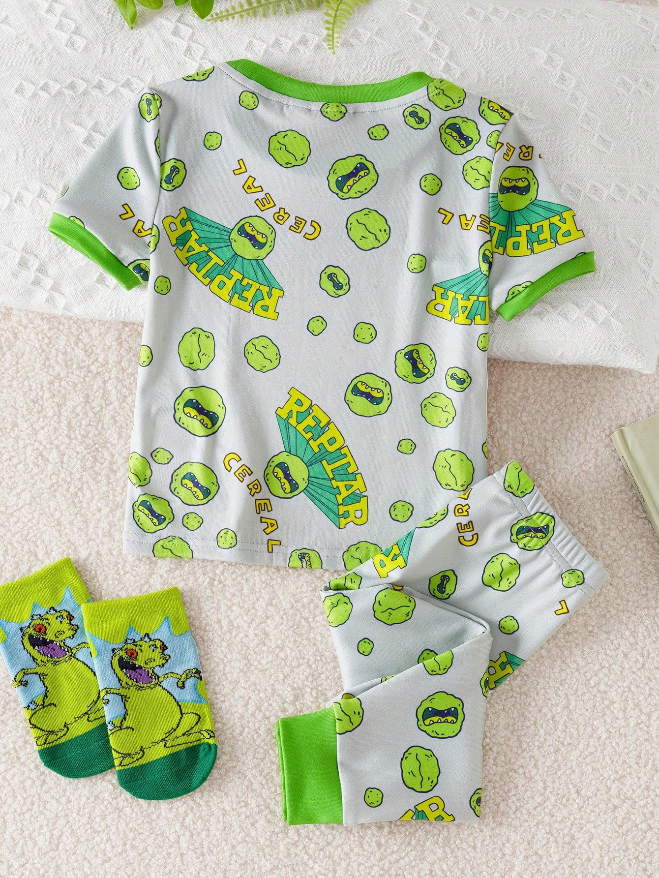Nick 90s| Baby Boy Cartoon Dinosaur Print Trim Round Neck Short Sleeve T-Shirt And Shorts Pajama Set, Summer