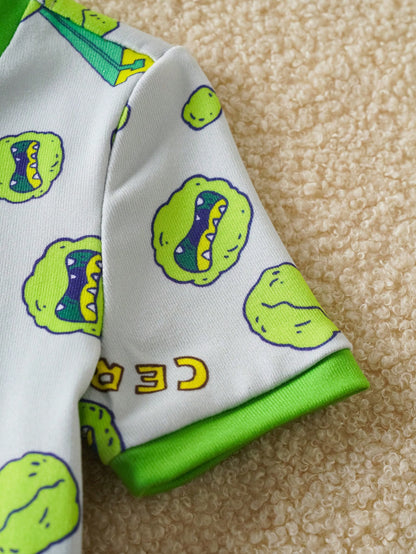 Nick 90s| Baby Boy Cartoon Dinosaur Print Trim Round Neck Short Sleeve T-Shirt And Shorts Pajama Set, Summer
