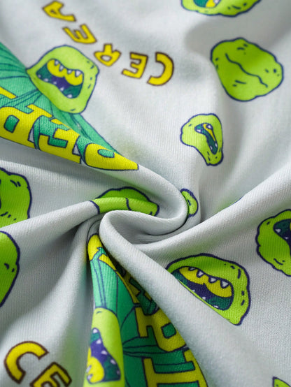 Nick 90s| Baby Boy Cartoon Dinosaur Print Trim Round Neck Short Sleeve T-Shirt And Shorts Pajama Set, Summer