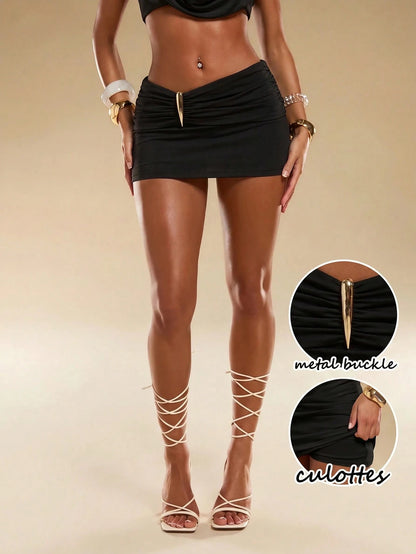 Normani Women's Sexy Disco Disco Girly Metal Decor Mini Skirt,Low-Rise Pleated Mini Skirt Pants, Summer Party Night Night Night Black Gold N