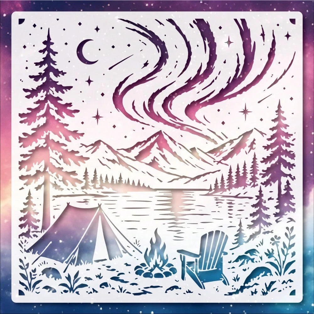 Northern Lights Lake Camping Painting Stencil, Reusable Outdoor Mountain Landscape Stencil, Suitable For Walls, Canvas, Fabric, Furniture And DIY Art Decoration Projects