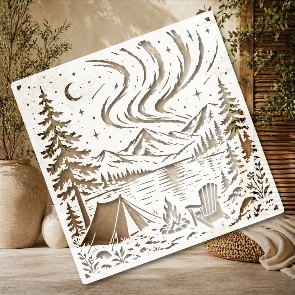 Northern Lights Lake Camping Painting Stencil, Reusable Outdoor Mountain Landscape Stencil, Suitable For Walls, Canvas, Fabric, Furniture And DIY Art Decoration Projects